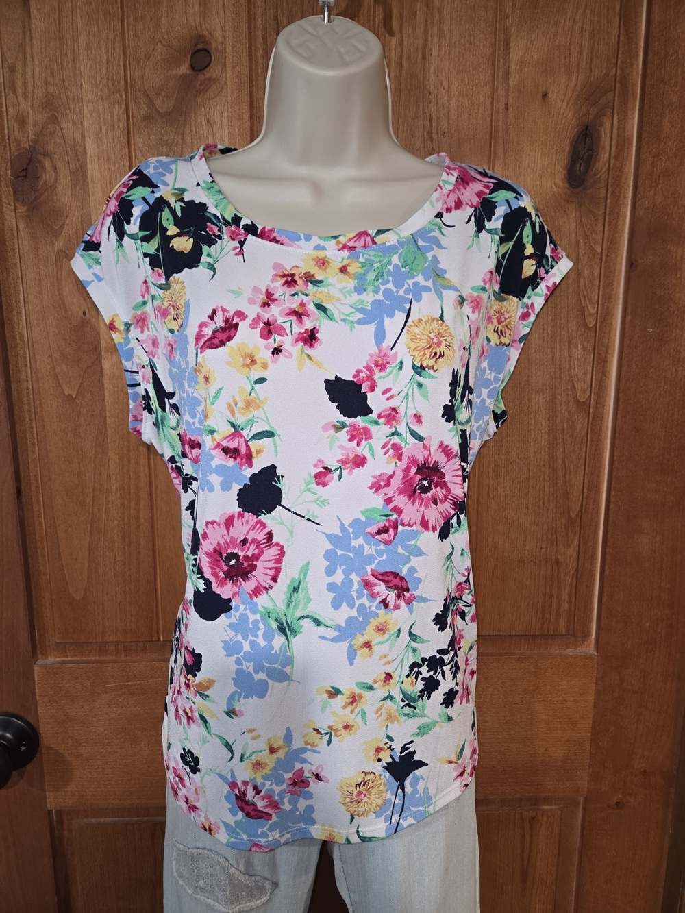 Elle White Floral Scoop-Neck Top with Pink, Blue & Yellow Blooms
